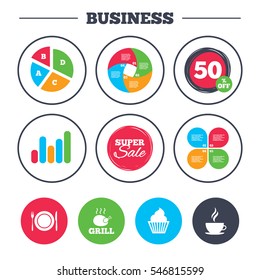 Business pie chart. Growth graph. Food and drink icons. Muffin cupcake symbol. Plate dish with fork and knife sign. Hot coffee cup. Super sale and discount buttons. Vector