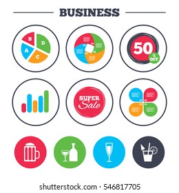 Business pie chart. Growth graph. Alcoholic drinks icons. Champagne sparkling wine and beer symbols. Wine glass and cocktail signs. Super sale and discount buttons. Vector
