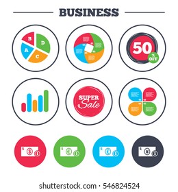 Business pie chart. Growth graph. Businessman case icons. Dollar, yen, euro and pound currency sign symbols. Super sale and discount buttons. Vector