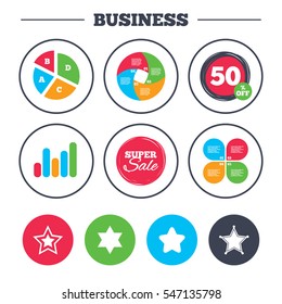 Business pie chart. Growth graph. Star of David icons. Sheriff police sign. Symbol of Israel. Super sale and discount buttons. Vector