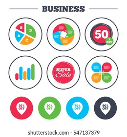 Business pie chart. Growth graph. Sale pointer tag icons. Discount special offer symbols. 30%, 50%, 70% and 90% percent off signs. Super sale and discount buttons. Vector