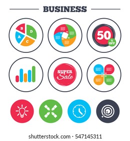 Business pie chart. Growth graph. Lamp idea and clock time icons. Target aim sign. Darts board with arrow. Teamwork symbol. Super sale and discount buttons. Vector