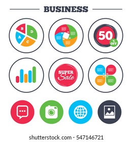 Business pie chart. Growth graph. Social media icons. Chat speech bubble and world globe symbols. Hipster photo camera sign. Landscape photo frame. Super sale and discount buttons. Vector