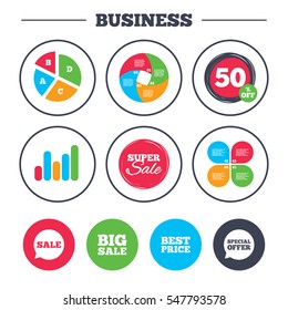 Business pie chart. Growth graph. Sale icons. Special offer speech bubbles symbols. Big sale and best price shopping signs. Super sale and discount buttons. Vector