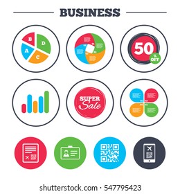 Business pie chart. Growth graph. QR scan code in smartphone icon. Boarding pass flight sign. Identity ID card badge symbol. Super sale and discount buttons. Vector