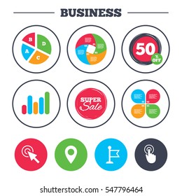 Business pie chart. Growth graph. Mouse cursor icon. Hand or Flag pointer symbols. Map location marker sign. Super sale and discount buttons. Vector