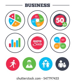 Business pie chart. Growth graph. Businessman person icon. Group of people symbol. Man love Woman or Lovers sign. Caution slippery. Super sale and discount buttons. Vector
