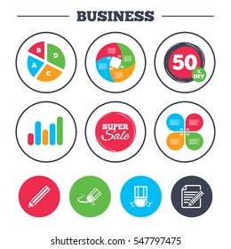 Business pie chart. Growth graph. Pencil icon. Edit document file. Eraser sign. Correct drawing symbol. Super sale and discount buttons. Vector