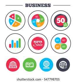 Business pie chart. Growth graph. News icons. World globe symbols. Open book sign. Education literature. Super sale and discount buttons. Vector