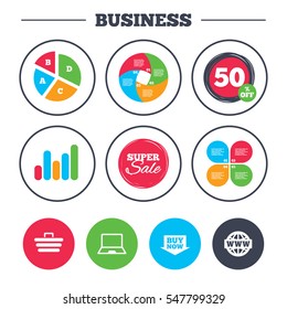 Business pie chart. Growth graph. Online shopping icons. Notebook pc, shopping cart, buy now arrow and internet signs. WWW globe symbol. Super sale and discount buttons. Vector