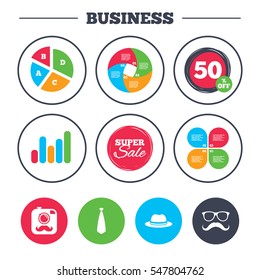 Business pie chart. Growth graph. Hipster photo camera with mustache icon. Glasses and tie symbols. Classic hat headdress sign. Super sale and discount buttons. Vector