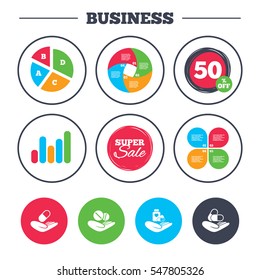 Business pie chart. Growth graph. Helping hands icons. Medical health insurance symbols. Drugs pills bottle signs. Medicine tablets. Super sale and discount buttons. Vector