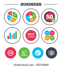 Business pie chart. Growth graph. 3d tv technology icons. Printer, rotation arrow sign symbols. Print cube. Super sale and discount buttons. Vector