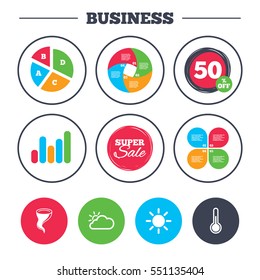 Business pie chart. Growth graph. Weather icons. Cloud and sun signs. Storm symbol. Thermometer temperature sign. Super sale and discount buttons. Vector