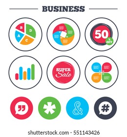Business pie chart. Growth graph. Quote, asterisk footnote icons. Hashtag social media and ampersand symbols. Programming logical operator AND sign. Speech bubble. Super sale and discount buttons