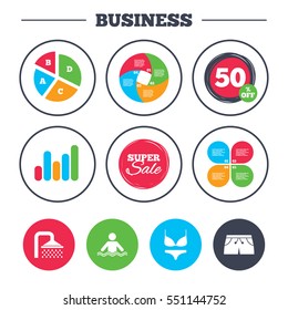 Business pie chart. Growth graph. Swimming pool icons. Shower water drops and swimwear symbols. Human stands in sea waves sign. Trunks and women underwear. Super sale and discount buttons. Vector
