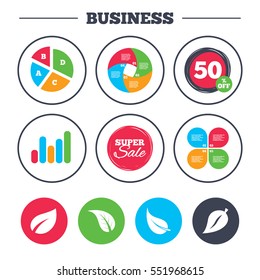 Business pie chart. Growth graph. Leaf icon. Fresh natural product symbols. Tree leaves signs. Super sale and discount buttons. Vector