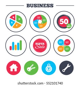 Business pie chart. Growth graph. Home key icon. Wrench service tool symbol. Locker sign. Main page web navigation. Super sale and discount buttons. Vector