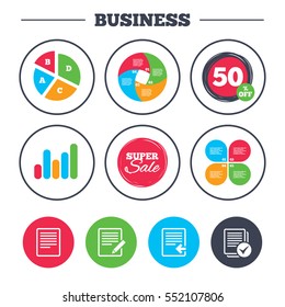 Business pie chart. Growth graph. File document icons. Upload file symbol. Edit content with pencil sign. Select file with checkbox. Super sale and discount buttons. Vector