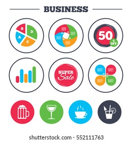 Business pie chart. Growth graph. Drinks icons. Coffee cup and glass of beer symbols. Wine glass and cocktail signs. Super sale and discount buttons. Vector