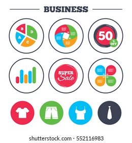 Business pie chart. Growth graph. Clothes icons. T-shirt and bermuda shorts signs. Business tie symbol. Super sale and discount buttons. Vector
