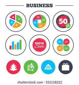 Business pie chart. Growth graph. Happy new year icon. Christmas trees and gift box signs. World globe symbol. Super sale and discount buttons. Vector