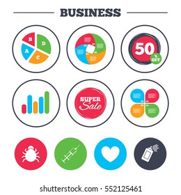 Business pie chart. Growth graph. Bug and vaccine syringe injection icons. Heart and spray can sign symbols. Super sale and discount buttons. Vector