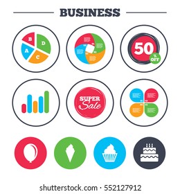 Business pie chart. Growth graph. Birthday party icons. Cake with ice cream signs. Air balloon symbol. Super sale and discount buttons. Vector
