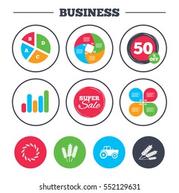 Business pie chart. Growth graph. Agricultural icons. Wheat corn or Gluten free signs symbols. Tractor machinery. Super sale and discount buttons. Vector