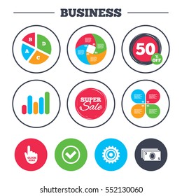 Business pie chart. Growth graph. ATM cash machine withdrawal icons. Click here, check PIN number, processing and cash withdrawal symbols. Super sale and discount buttons. Vector