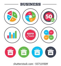 Business pie chart. Growth graph. Sale gift box tag icons. Discount special offer symbols. 10%, 20%, 30% and 40% percent discount signs. Super sale and discount buttons. Vector