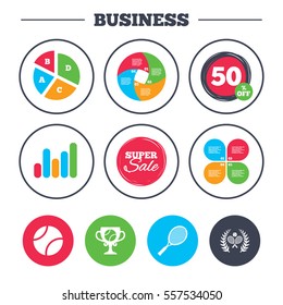Business pie chart. Growth graph. Tennis ball and rackets icons. Winner cup sign. Sport laurel wreath winner award symbol. Super sale and discount buttons. Vector