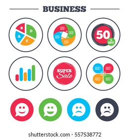 Business pie chart. Growth graph. Speech bubble smile face icons. Happy, sad, cry signs. Happy smiley chat symbol. Sadness depression and crying signs. Super sale and discount buttons. Vector