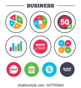 Business pie chart. Growth graph. Sale speech bubble icon. Discount star symbol. Black friday sign. Big sale shopping bag. Super sale and discount buttons. Vector