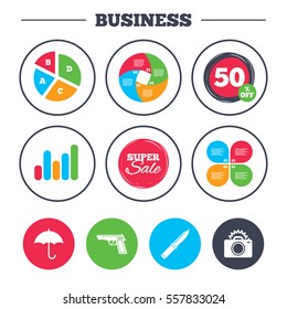 Business pie chart. Growth graph. Gun weapon icon.Knife, umbrella and photo camera with flash signs. Edged hunting equipment. Prohibition objects. Super sale and discount buttons. Vector