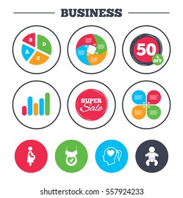 Business pie chart. Growth graph. Maternity icons. Baby infant, pregnancy and dummy signs. Child pacifier symbols. Head with heart. Super sale and discount buttons. Vector