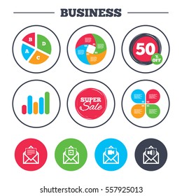 Business pie chart. Growth graph. Mail envelope icons. Message document symbols. Video and Audio voice message signs. Super sale and discount buttons. Vector