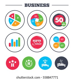 Business pie chart. Growth graph. Three stars hotel icons. Travel rest place symbols. Human sleep in bed sign. Super sale and discount buttons. Vector