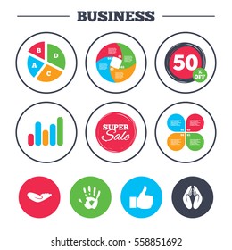 Business pie chart. Growth graph. Hand icons. Like thumb up symbol. Insurance protection sign. Human helping donation hand. Prayer hands. Super sale and discount buttons. Vector