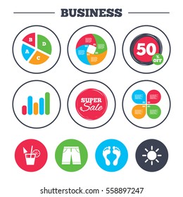 Business pie chart. Growth graph. Beach holidays icons. Cocktail, human footprints and swimming trunks signs. Summer sun symbol. Super sale and discount buttons. Vector