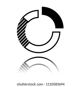 Business pie chart icon. Black icon with mirror reflection on white background