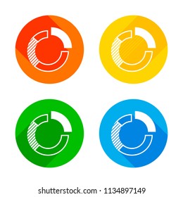 Business pie chart icon. Flat white icon on colored circles background. Four different long shadows in each corners - Powered by Shutterstock - Get 15% off with code: PIKWIZARD15