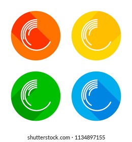 Business pie chart icon. Flat white icon on colored circles background. Four different long shadows in each corners