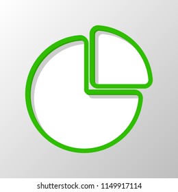 Business pie chart icon. Paper style. Cut symbol with green bold contour on shape and simple shadow