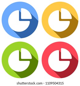 Business pie chart icon. Set of white icons with long shadow on blue, orange, green and red colored circles. Sticker style