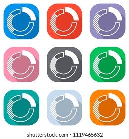 Business pie chart icon. Set of white icons on colored squares for applications. Seamless and pattern for poster