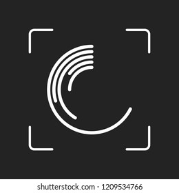 Business pie chart icon. White object in camera autofocus on dark background