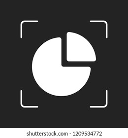 Business pie chart icon. White object in camera autofocus on dark background