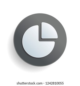 Business pie chart icon. White paper symbol on gray round button or badge with shadow