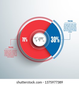 Business pie chart template, circle with earth map inside in the center. Background for your documents, web sites, reports, presentations and infographics